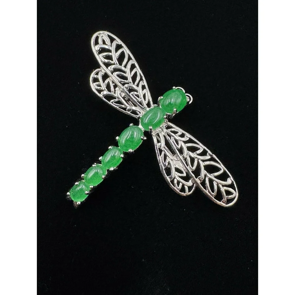 Silver Tone Jadeite Openwork Dragonfly Brooch Pin Bug‎ Jewelry
